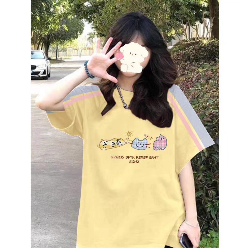 High-quality pure cotton 220g 19 pieces of wool + feel printed loose large version of raglan contrasting color short-sleeved T-shirt for women