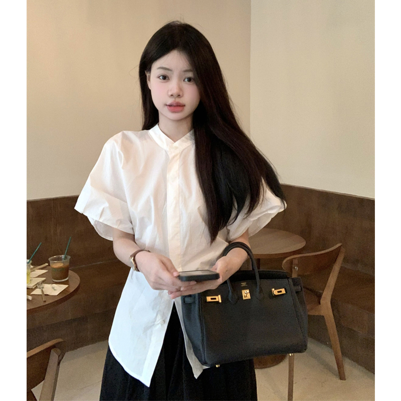 Pure cotton imitation tiny bubble short-sleeved shirt for women in summer 2025 new stand collar loose white shirt