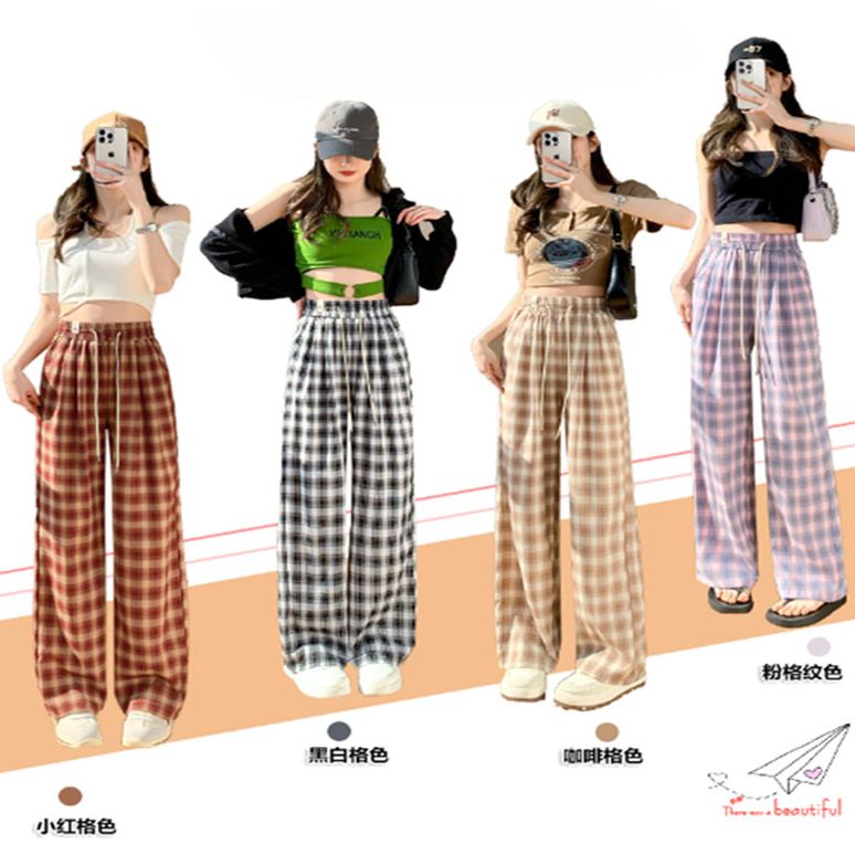 窄版闊腿格子褲女2025新款春季高腰寬鬆垂墜感復古直筒褲