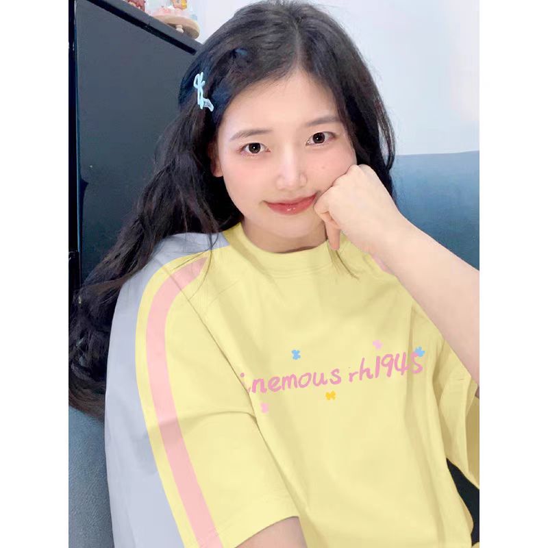 High-quality pure cotton 220g 19 pieces of wool + feel printed loose large version of raglan contrasting color short-sleeved T-shirt for women