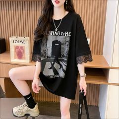 Pure Cotton / Back Collar / Loose Medium-Long Sleeve Lace Edge Splicing Fashion Short-Sleeve T-Shirt Summer New Opening