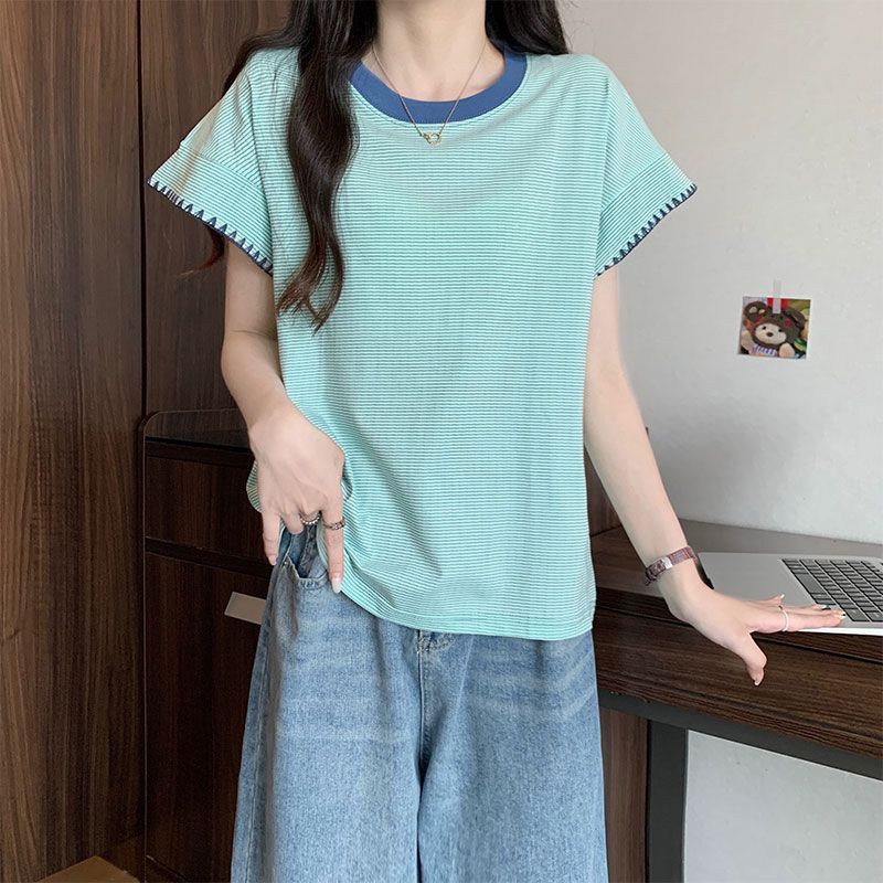 實拍設計感條紋撞色T恤女夏短袖港味復古寬鬆減齡小飛袖上衣