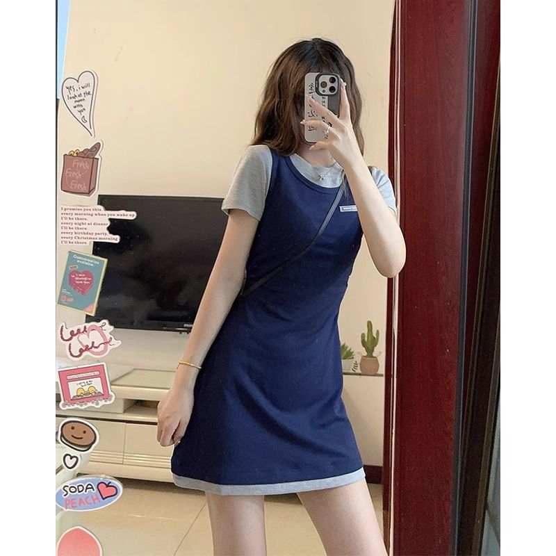 Foreign trade Korean waist-retracting and slimming A-line dress for women's new summer splicing design niche age-reducing short skirt