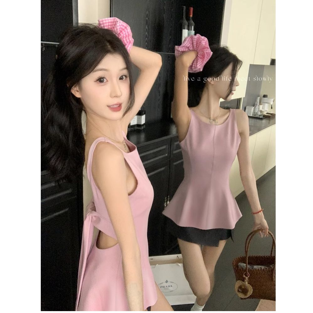 New Hong Kong cotton pink halter neck sleeveless suspender vest female summer hot girl sexy waist slim top