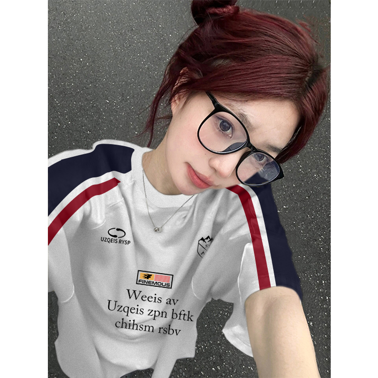 High-quality pure cotton 220g 19 pieces of wool + feel printed loose large version of raglan contrasting color short-sleeved T-shirt for women