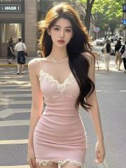 吊帶連衣裙2025新款女夏季性感包臀裙蕾絲拼接獨特漂亮小裙子