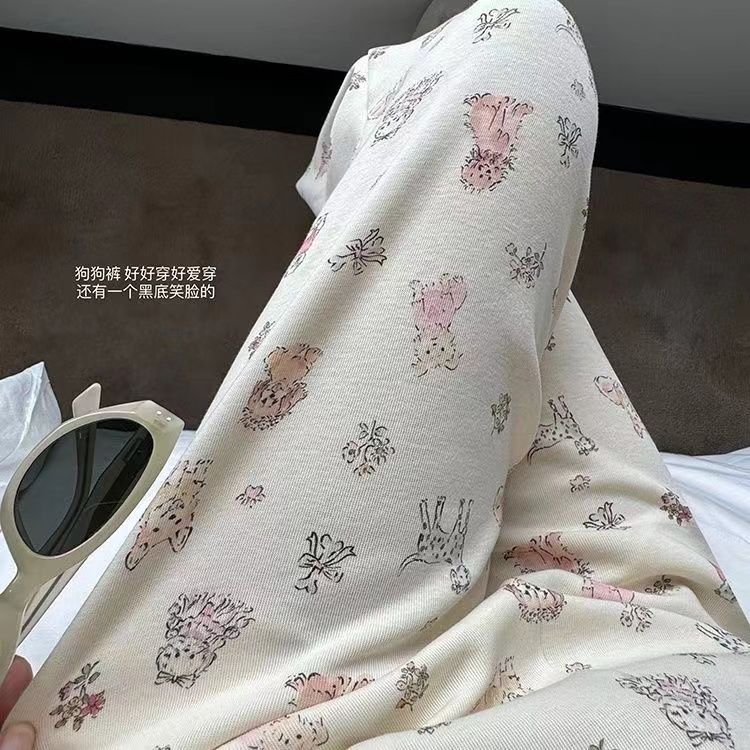 卡通微笑狗狗鬆緊腰拖地闊腿褲子女夏季高腰休閒直筒褲家居可外