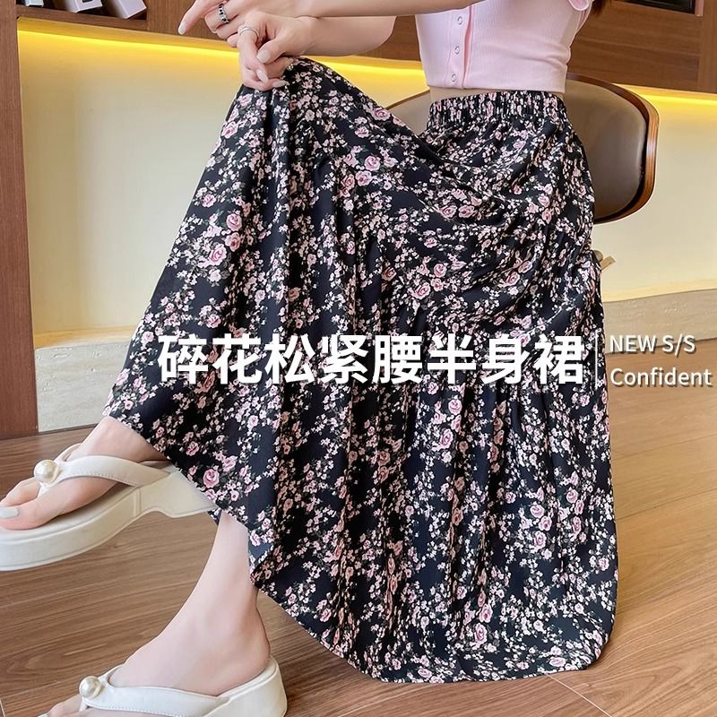 玫瑰碎花裙子女2025春夏新款韓版腰A字蛋糕裙中長款顯瘦半身裙