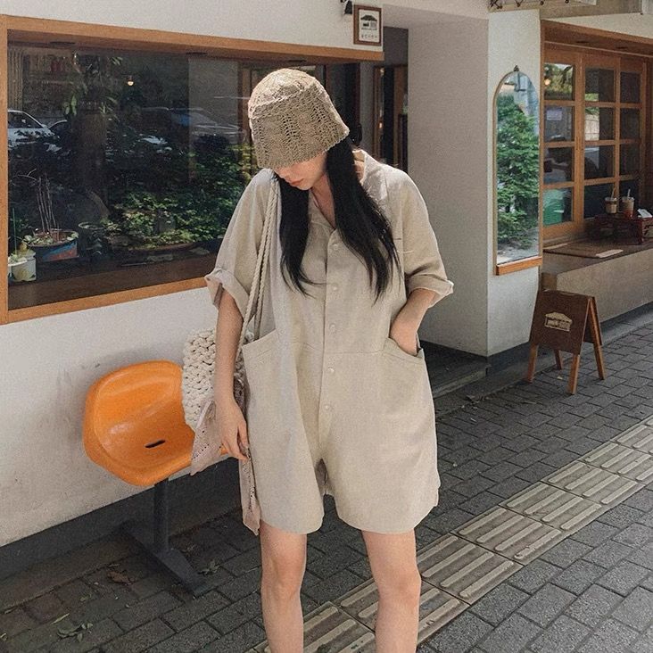 大口袋連體褲女韓國復古翻領寬鬆慵懶風單排扣插兜減齡闊腿短褲潮