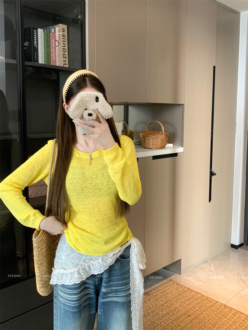 Real shot French hollow long-sleeved knitted cardigan for women 2025 thin strap top layered curtain set
