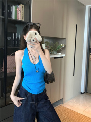 Real shot of new retro V-neck backless sleeveless slim knitted halter vest top for women