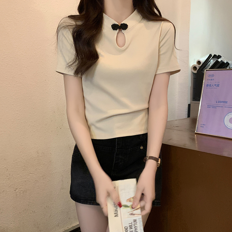 Real shot of new Chinese style 1*1 thread 210g short-sleeved T-shirt 2025 summer button slim shoulder solid color women's top