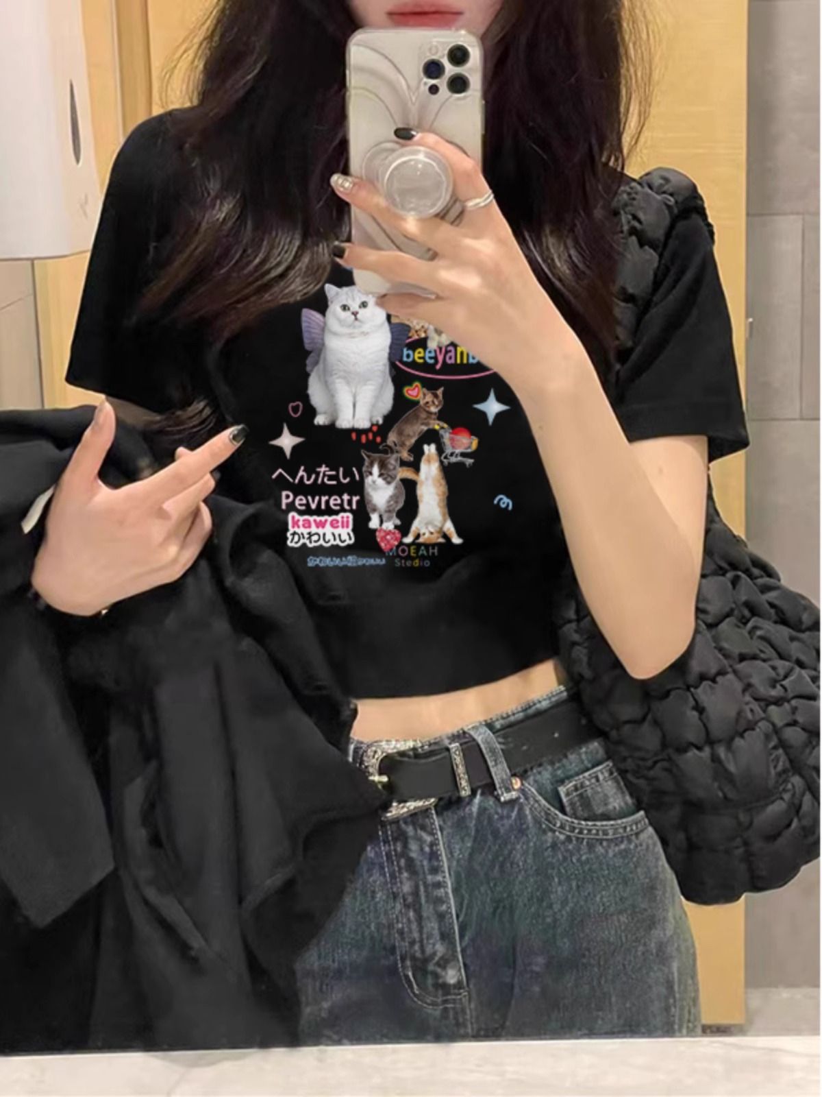 Pure cotton original foreign trade Korean version rear bag collar summer new women's round neck printed slim short T-shirt for women short sleeves
