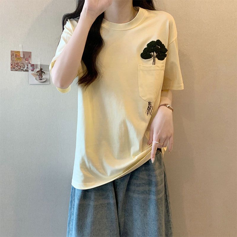 實拍夏季純棉刺繡短袖T恤男女大碼上衣休閒寬鬆情侶裝半袖tee