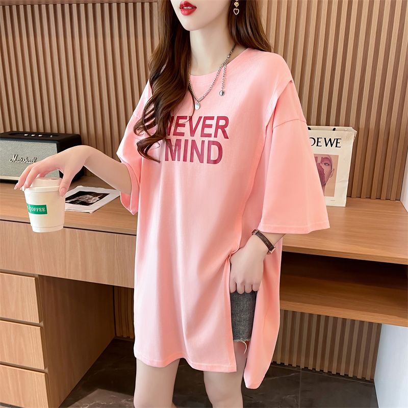 實拍~質量/純棉/後包領/中長款寬鬆不規則開叉T恤女夏裝