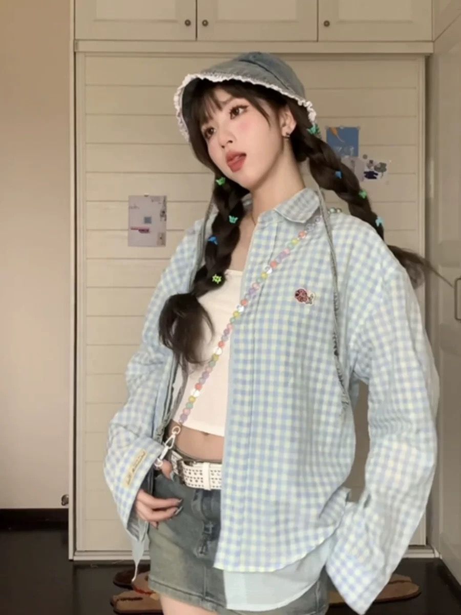 慵懶風韓系格子襯衫外套女春季長袖襯衣寬鬆防曬衣休閒上衣潮