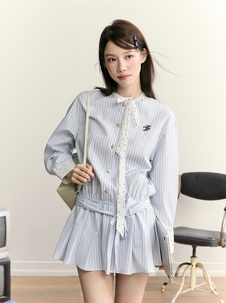 Early spring college style bow striped shirt dress for women autumn and summer 2025 new small Korean style outfit
