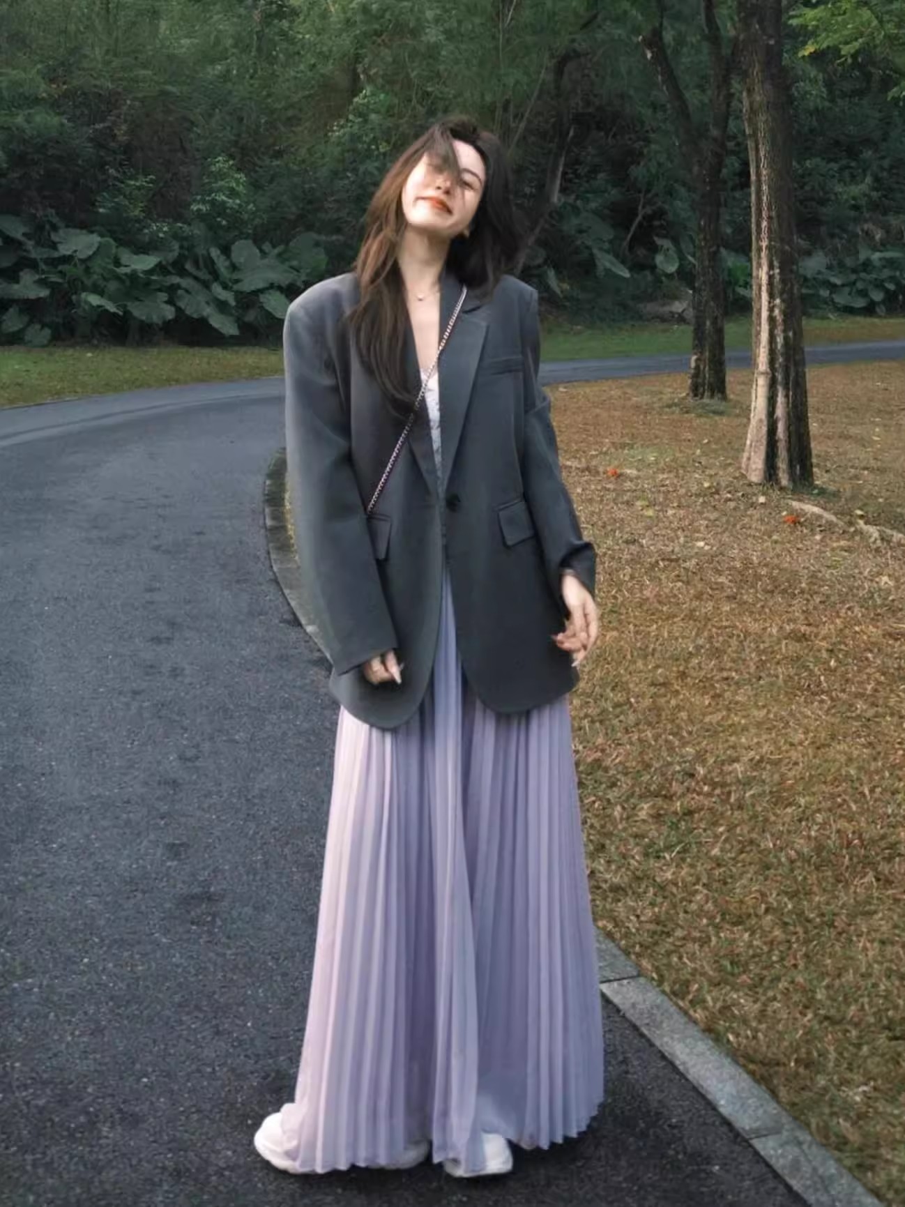 French purple pleated skirt women's spring and summer design umbrella skirt temperament beautiful A-line pleated long skirt
