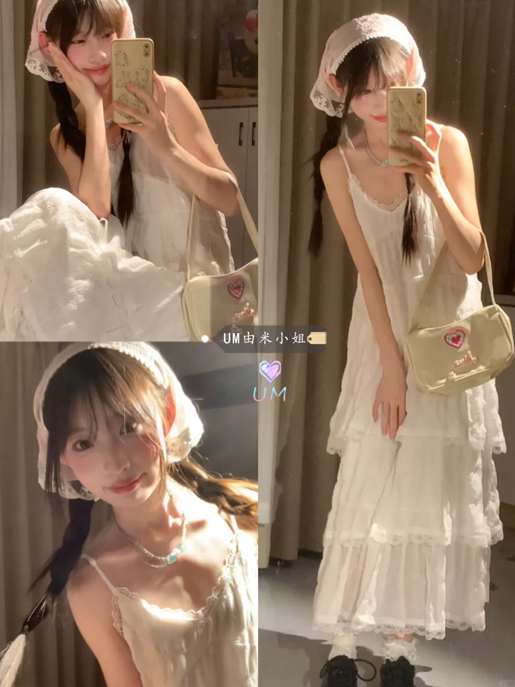 Pure style suspender dress for women in summer 2025 new lace lace cake skirt seaside vacation beach skirt