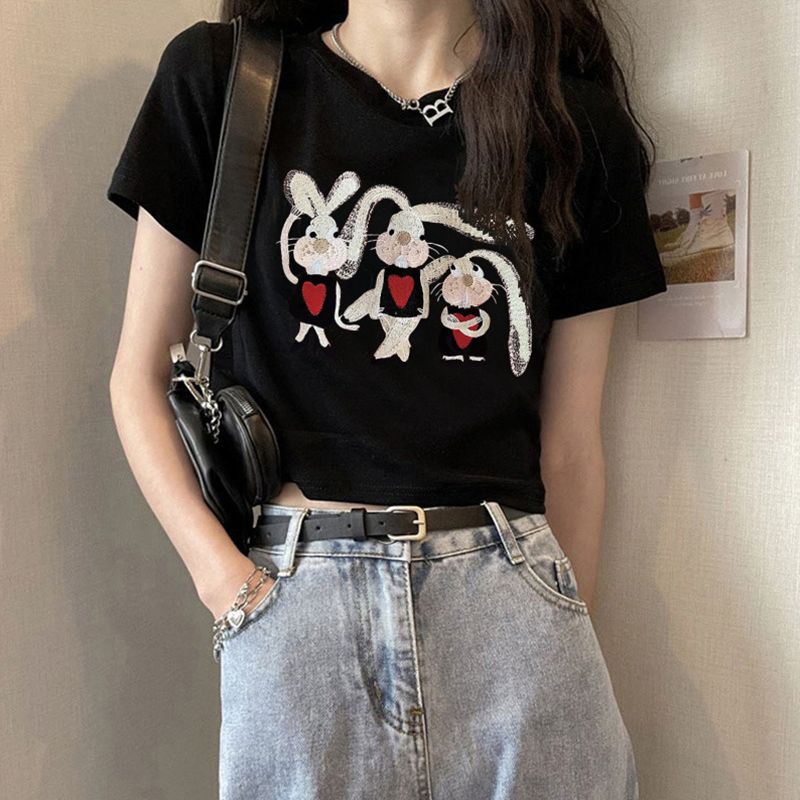 純棉原版外貿韓版後包領夏季新款女裝圓領印花修身短款T恤女短袖