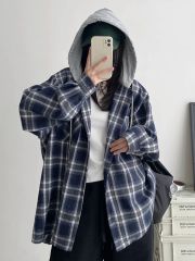 ~韓版復古連帽格子襯衫女春秋裝寬鬆慵懶風大碼襯衣外套