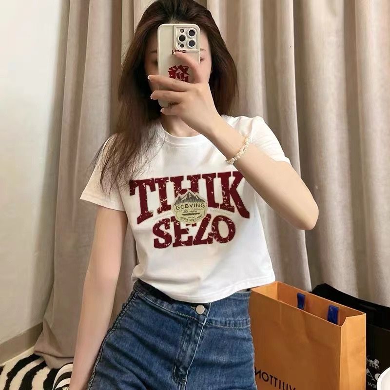 純棉原版外貿韓版後包領夏季新款女裝圓領印花修身短款T恤女短袖