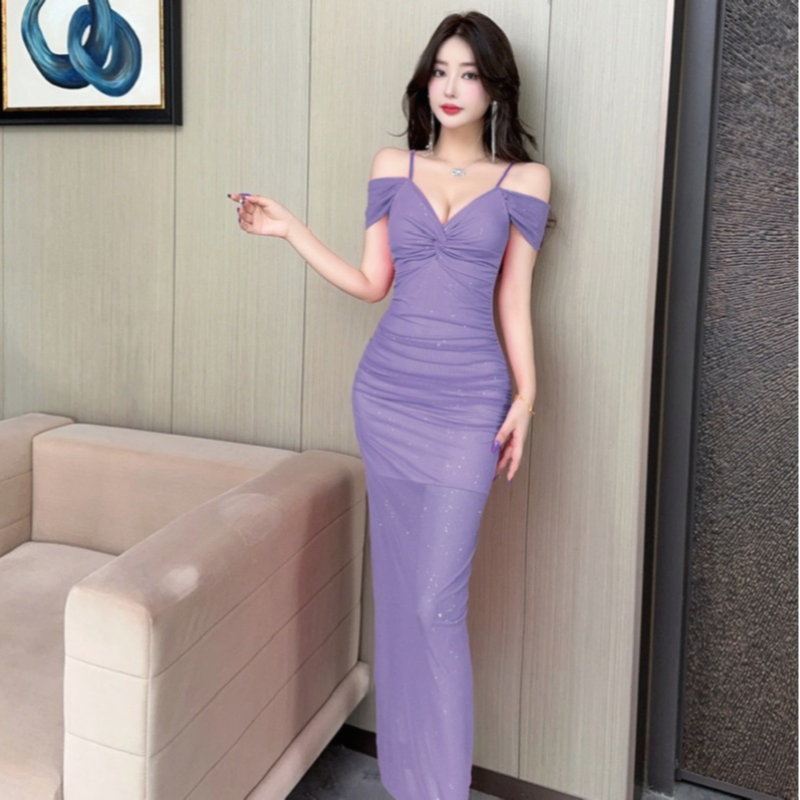 名媛時尚性感露肩打底晚禮服長裙網紗吊帶低胸連衣裙
