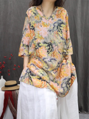 2025棉麻女裝夏新款復古苧麻印花小V領寬鬆百搭套頭襯衫女