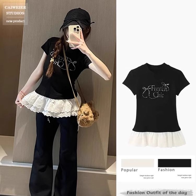 Black round neck slim lace splicing hem short-sleeved T-shirt for women's summer 2025 new unique and beautiful waist top