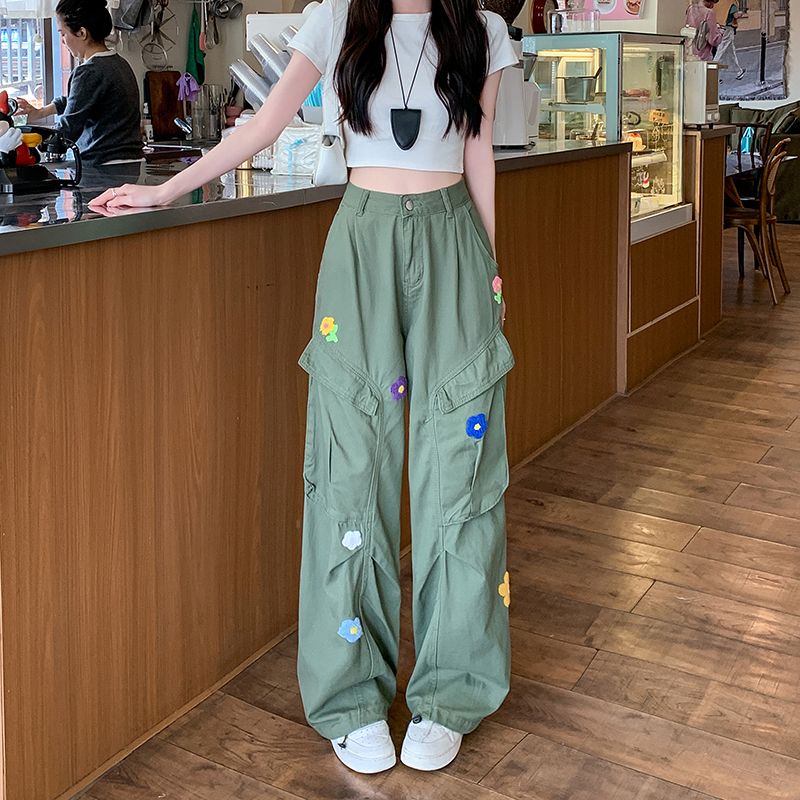 Real shot~Embroidered flower retro work clothes casual pants for women in spring American loose wide-leg pants high waist trousers