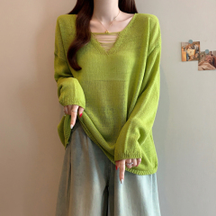 實拍2025大碼春夏新款小心機鏤空V領寬鬆空調衣防曬衣針織上衣女