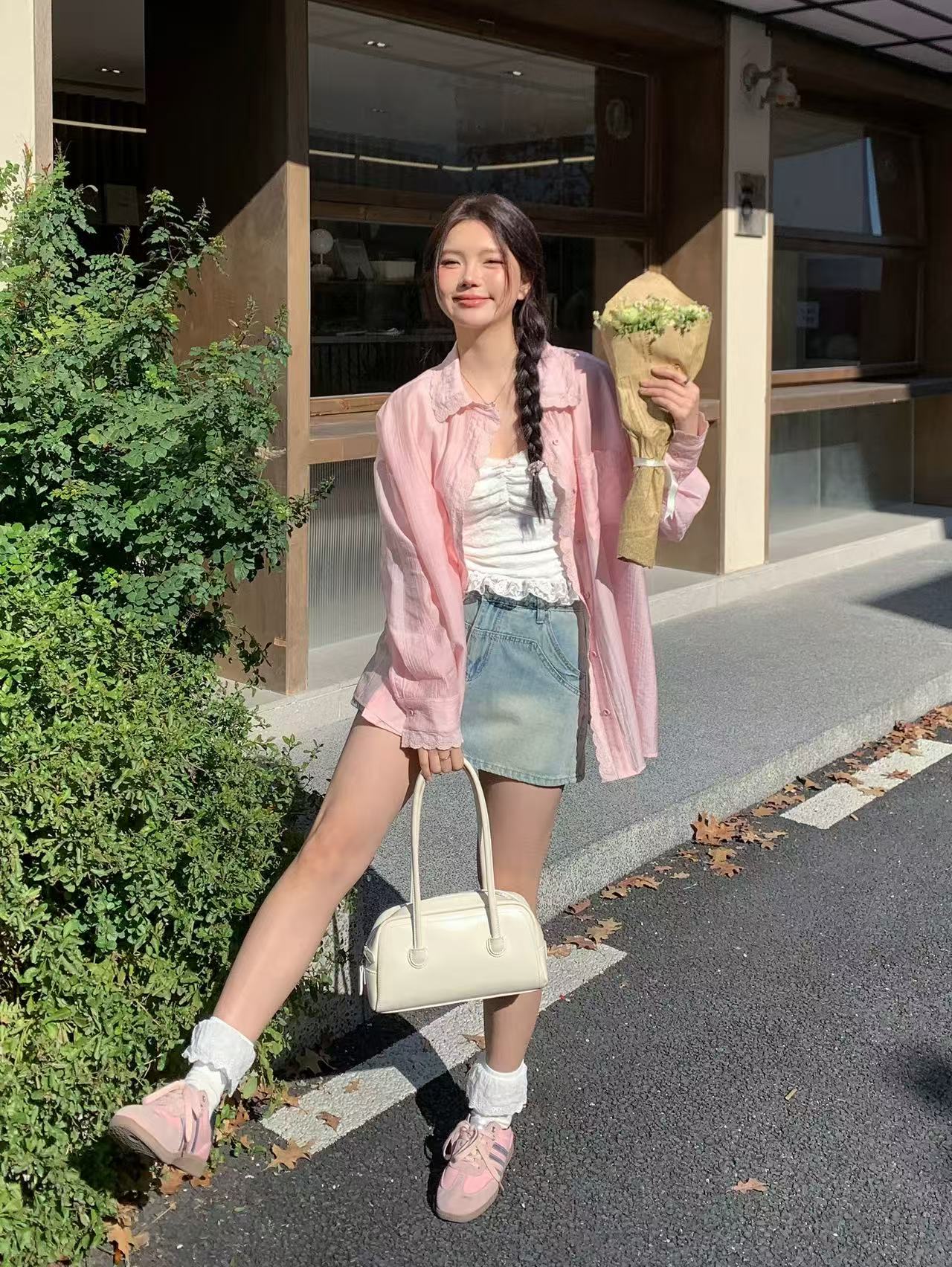 慵懶風翻領防曬長袖襯衫女春季新款內搭蕾絲吊帶上衣套裝