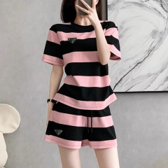 Vintage Hong Kong Style Women's Summer 2025 New Arrival Short Sleeve Pink and Black Striped Shorts Set for Petite Figures