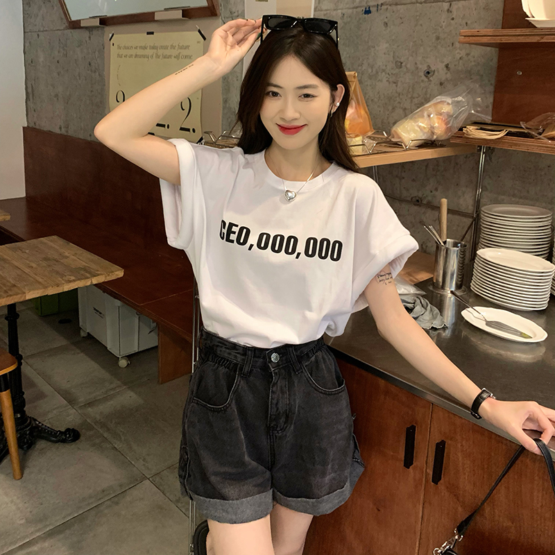 Letter T-shirt for women European products in summer niche design casual loose versatile cotton round neck short-sleeved street top