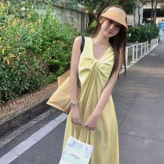 Wu 77 temperament design kink V-neck sleeveless vest skirt for women Korean version with two sides can be worn loose and slim A-line long skirt