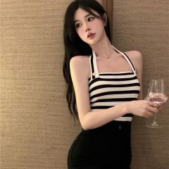 抹胸性感條紋掛脖針織背心夏季獨特别致小上衣吊帶冰爽絲