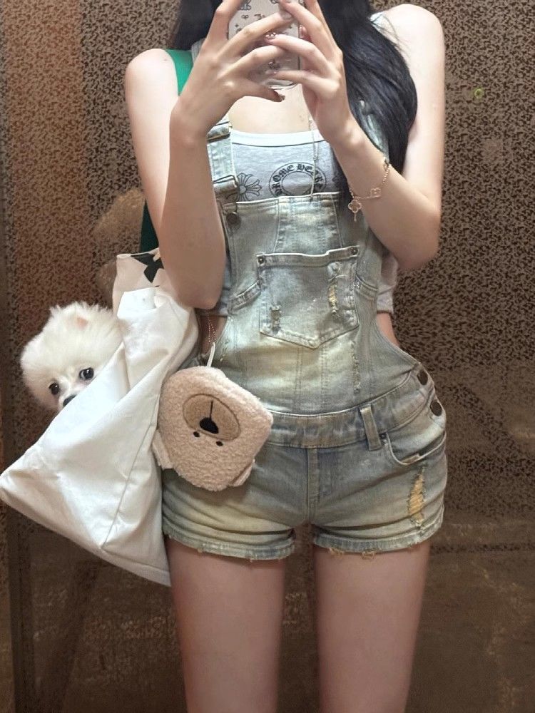 American retro old washing ripped denim strap shorts for women summer hot girl design hip tight shorts