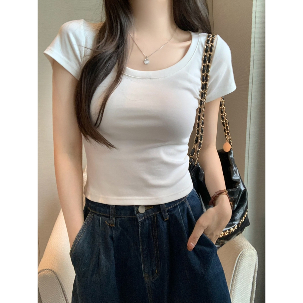 Real shot 40 pure cotton 210g 92 cotton/8 spandex T-shirt for women short-sleeved large round neck U-neck