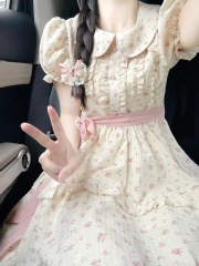 Sweet doll collar floral dress for women in summer puff sleeve French princess skirt with small waisted fluffy skirt