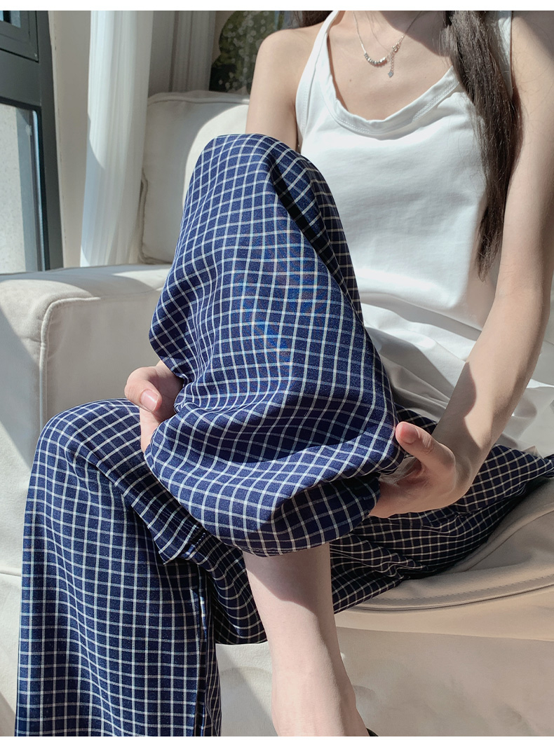 Korean foreign trade original cloth three-dimensional waist bag blue plaid pants for women for autumn thin new casual floor pants