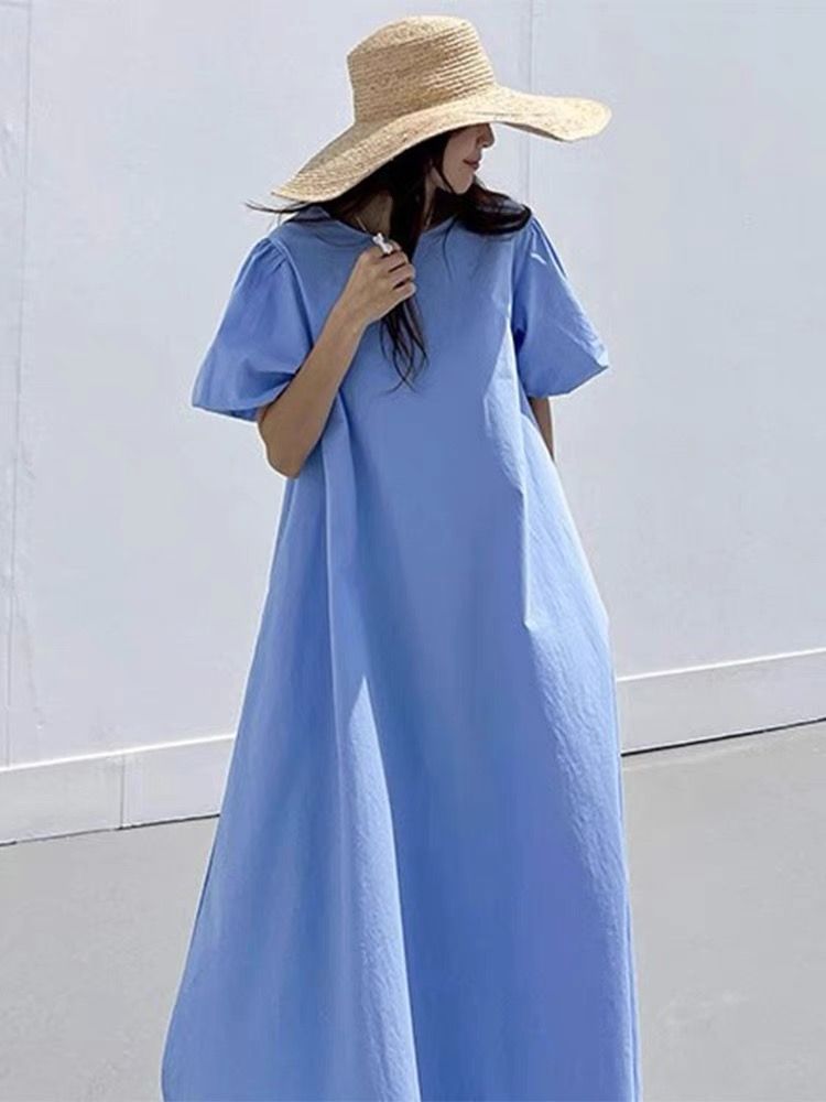 Korean chic summer retro vacation style round neck loose casual long A-line puff sleeve flowing dress for women