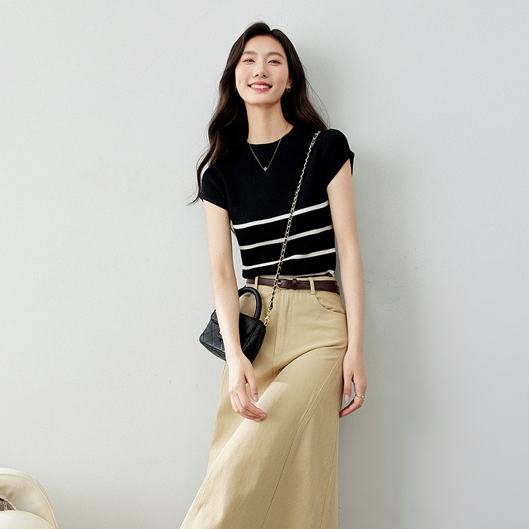 涼爽針織衫短袖T恤女2025新款夏季彈力修身顯瘦上衣