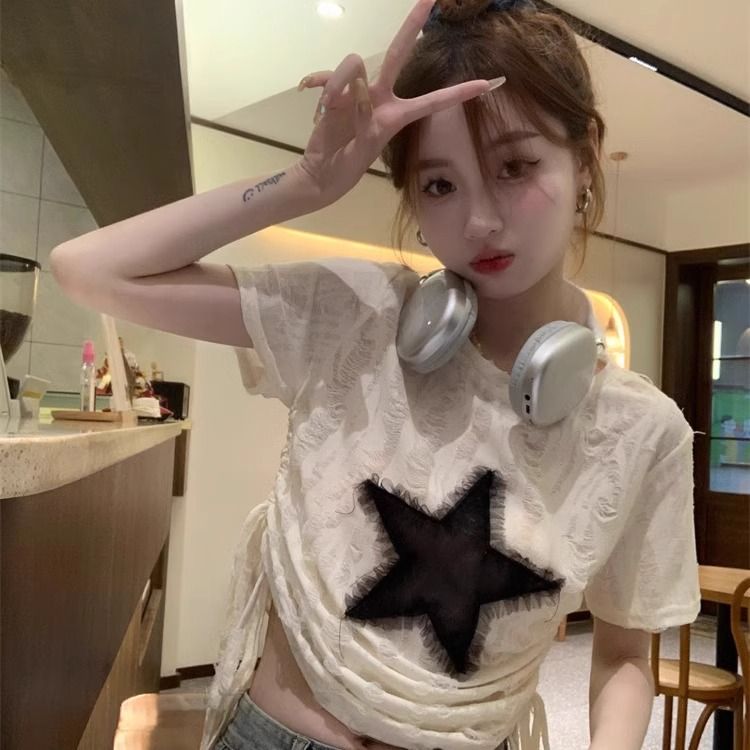Official picture of sweet hot girl drawstring short-sleeved T-shirt for women's summer new design niche loose American top