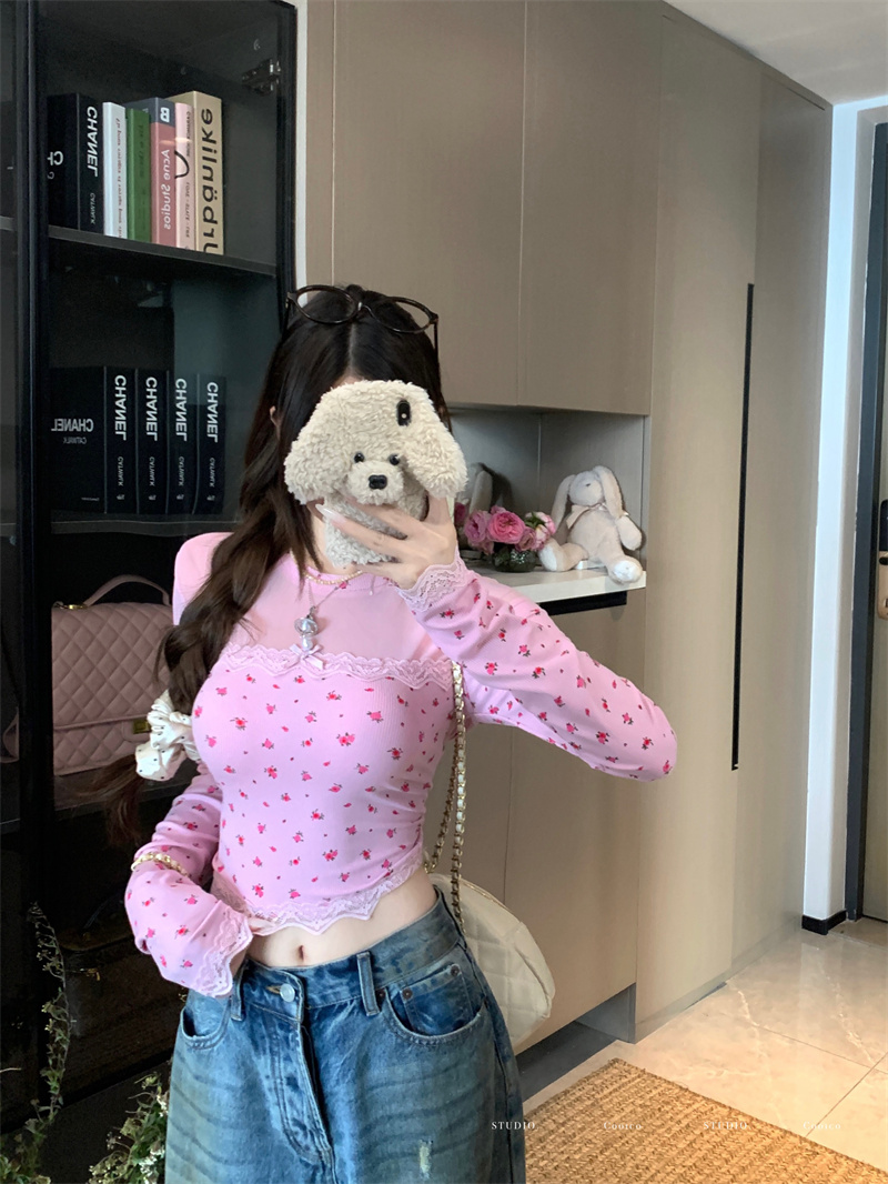 Real photo of floral long-sleeved T-shirt for women with bow lace slim fit inner bottom shirt top