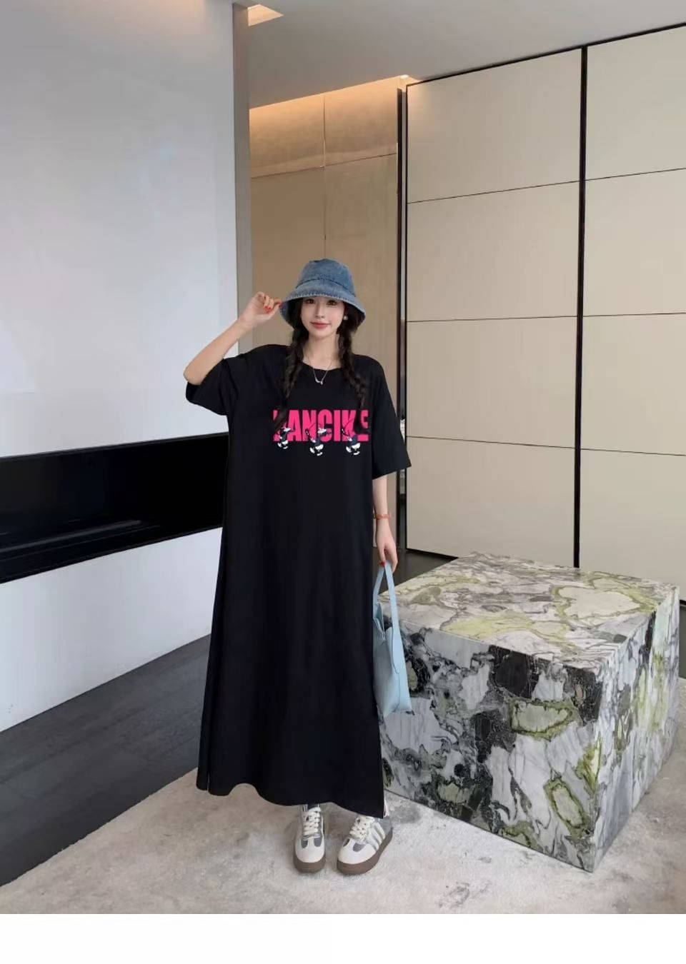 仿棉牛奶絲# 夏季短袖中長款開叉T恤連衣裙女韓系慵懶風裙子