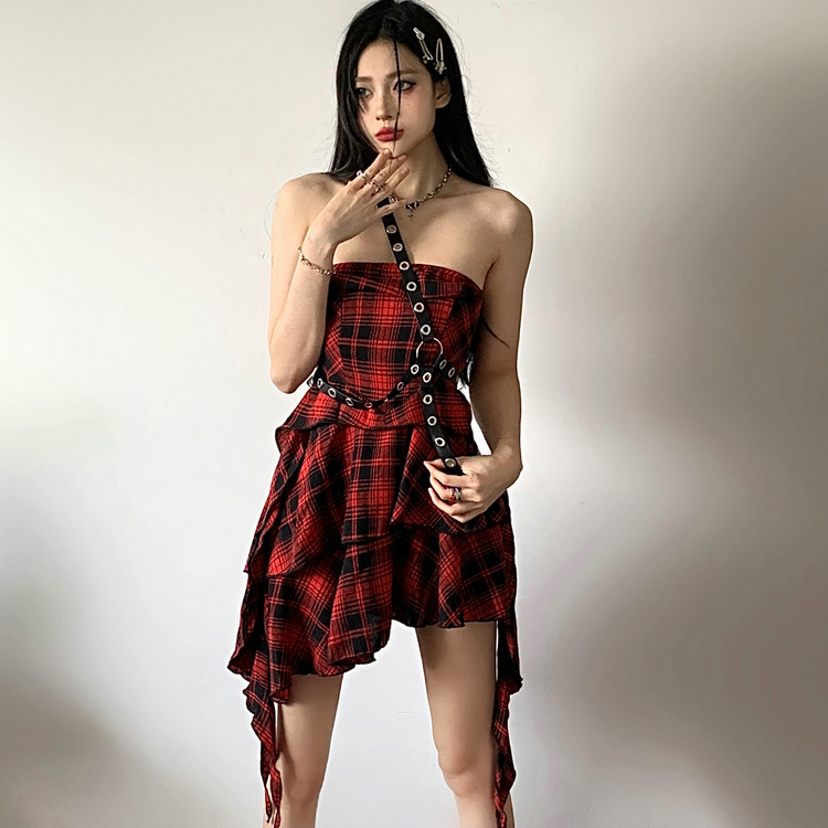 實拍# 暗黑哥特紅格辣妹亞文化皮革綁帶吊帶裙不規則抹胸連衣裙
