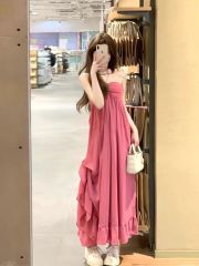玫粉色掛脖抹胸連衣裙女夏季帶胸墊純欲露背沙灘裙顯瘦收腰長裙子