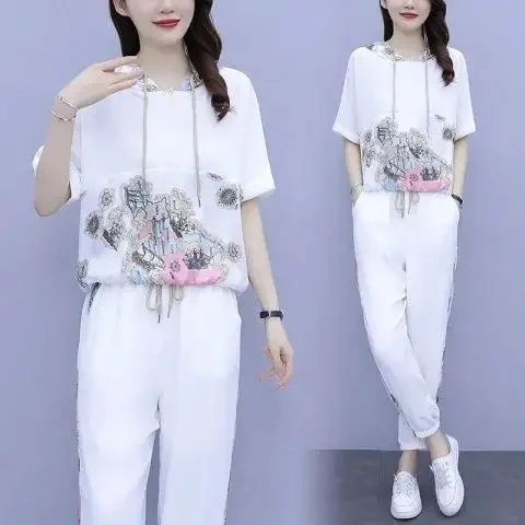 休閒套裝時尚洋氣套裝女2025夏季新款連帽短袖九分褲運動兩件套潮