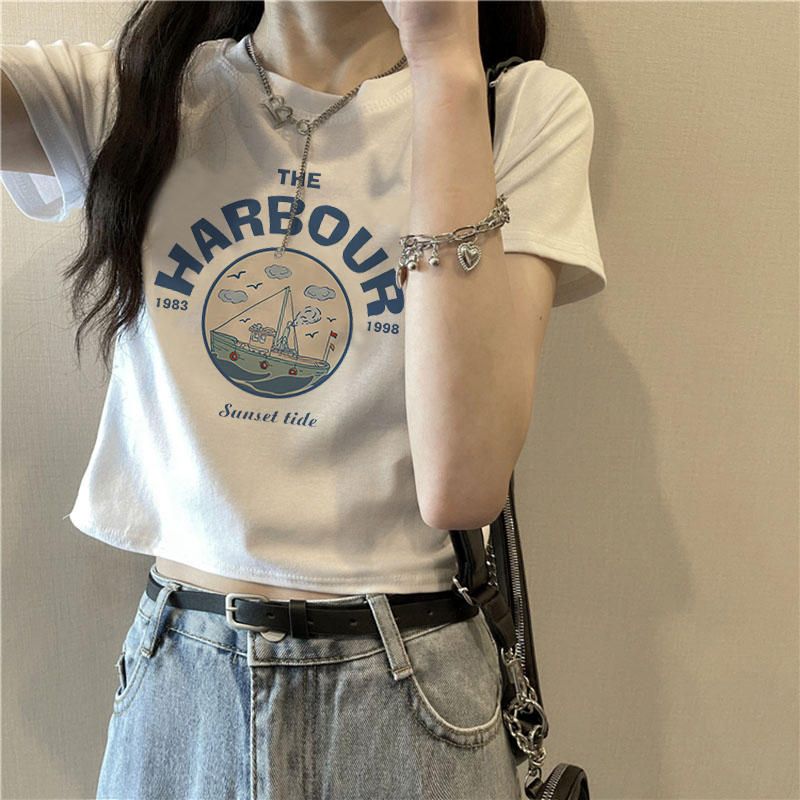 Pure cotton original foreign trade Korean version rear bag collar summer new women's round neck printed slim short T-shirt for women short sleeves