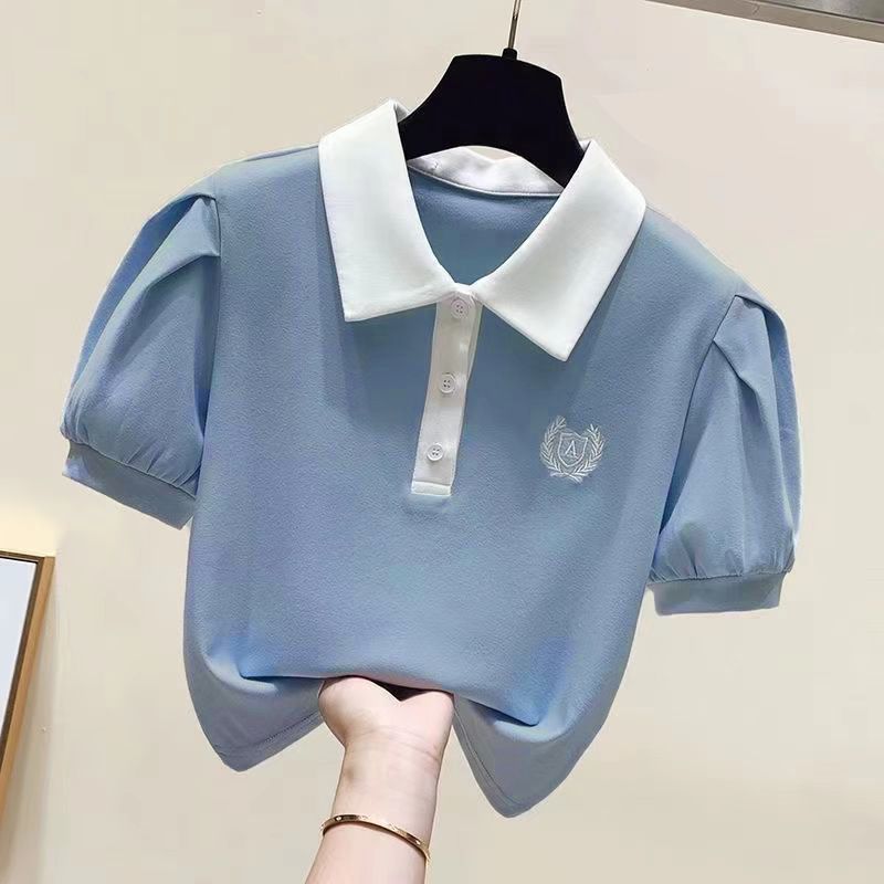 春季新款POLO衫學院風T恤初中學生短袖休閒泡泡袖百搭上衣